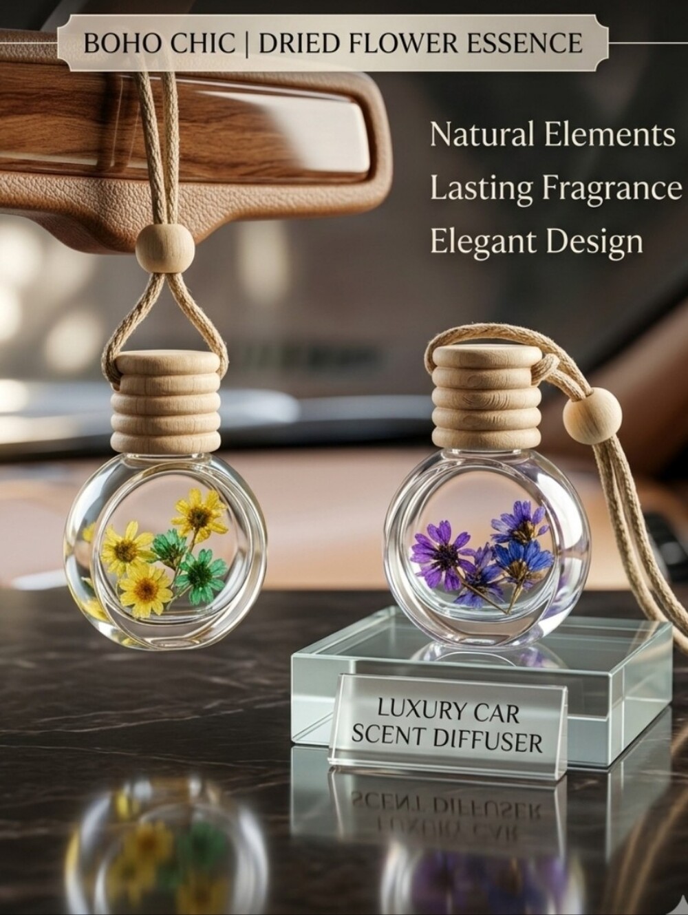 Botanical Glass Hanging Car Diffuser Bottle - Hotel Inspired Scent- Set Of 2
